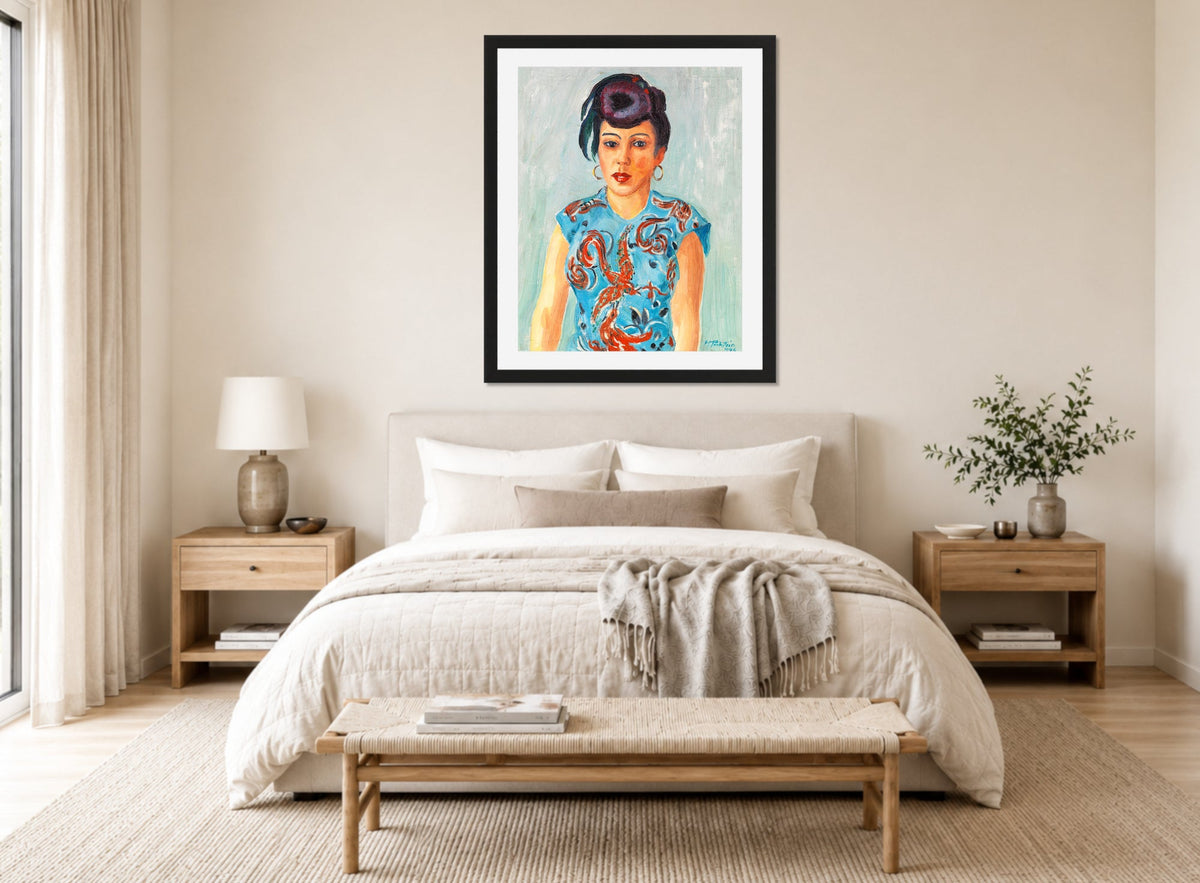 Hermann Max Pechstein Print, Portrait of Freda Wermel in a Blue Blouse (1946) displayed above a bed