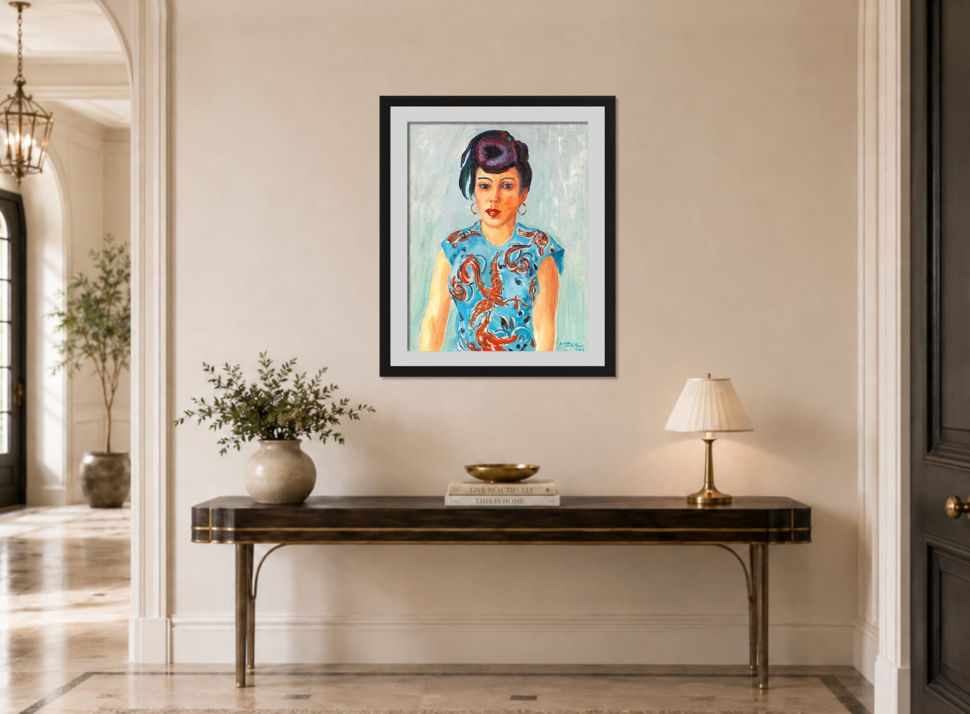 Hermann Max Pechstein Print, Portrait of Freda Wermel in a Blue Blouse (1946) displayed above a console table