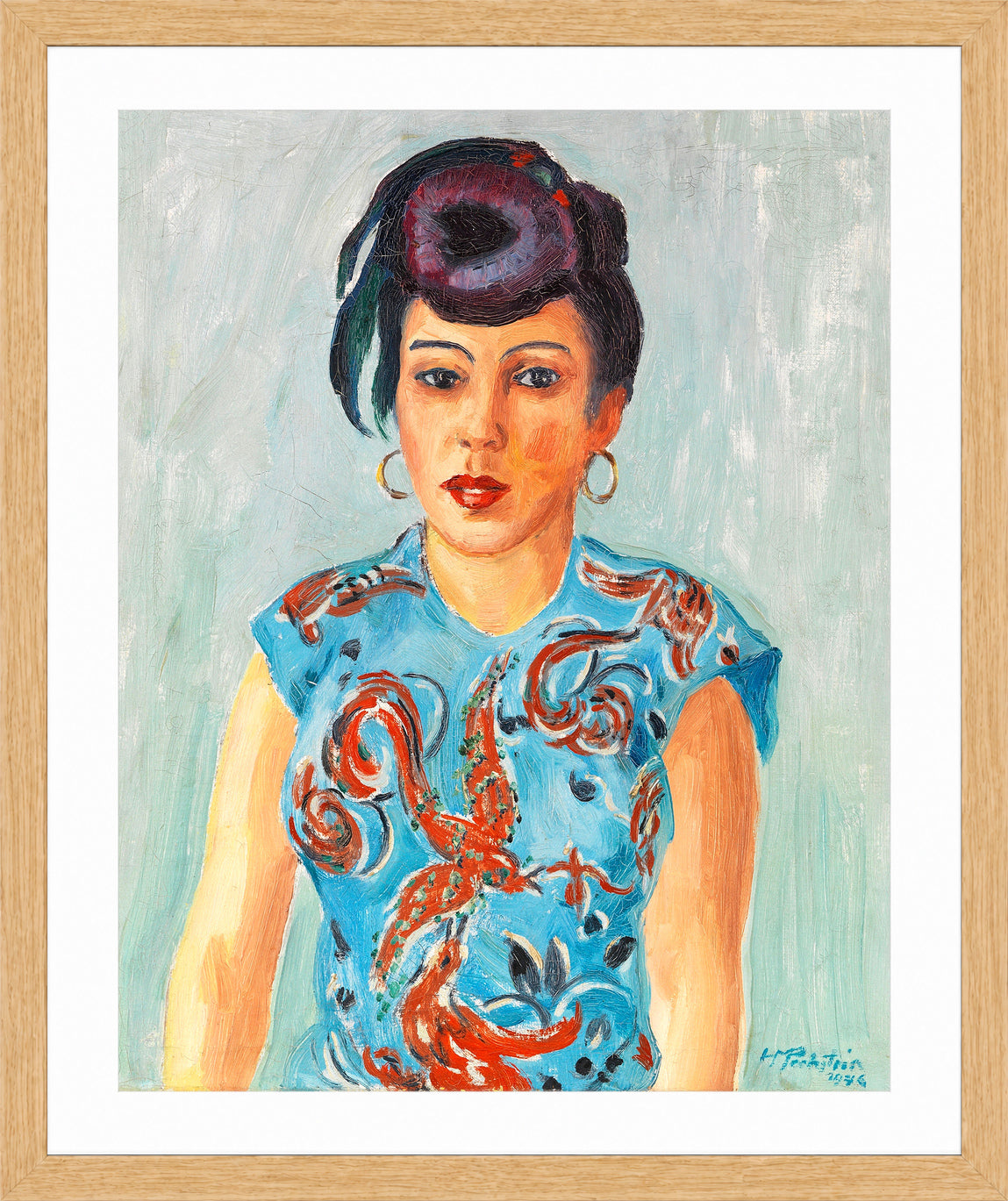 Hermann Max Pechstein Print, Portrait of Freda Wermel in a Blue Blouse (1946) in a light oak frame