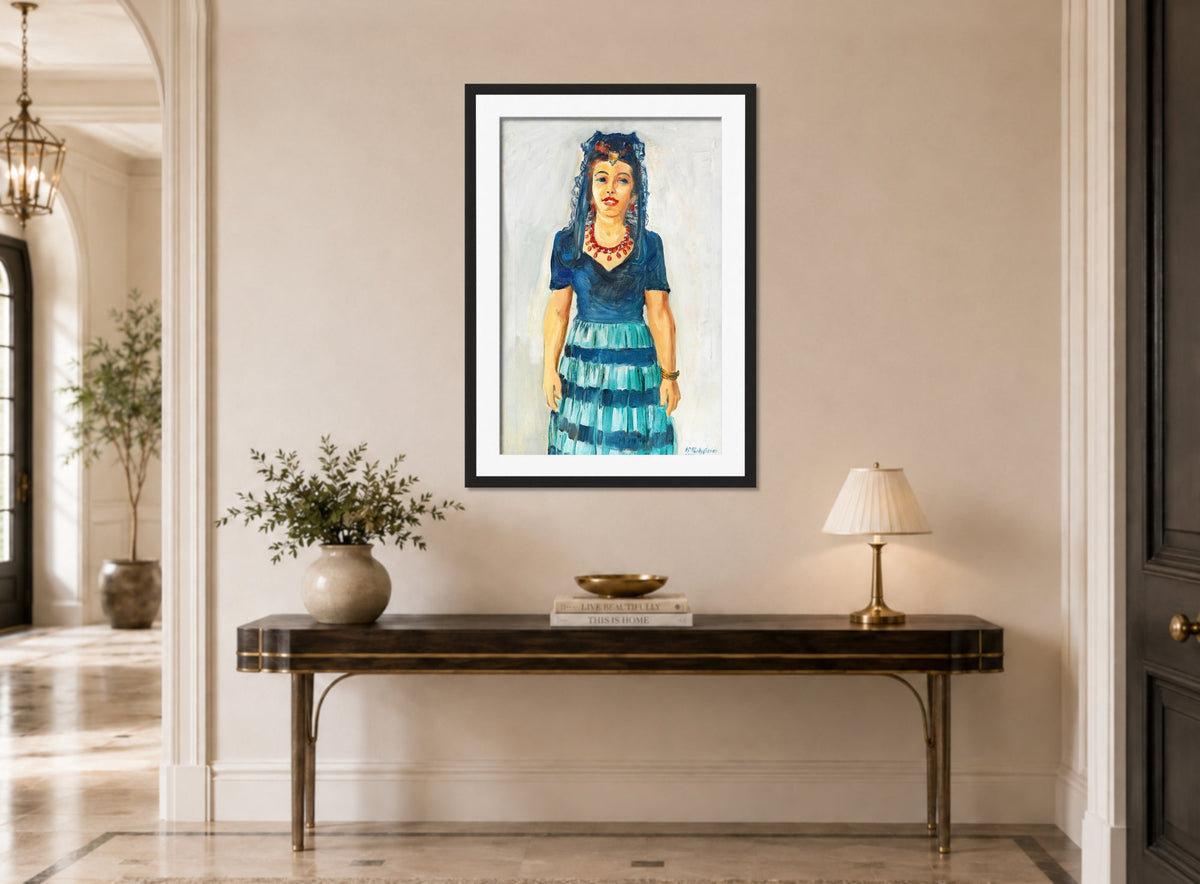 Hermann Max Pechstein Print, Portrait of Freda Wermel in Spanish Costume (1946) displayed above a console table