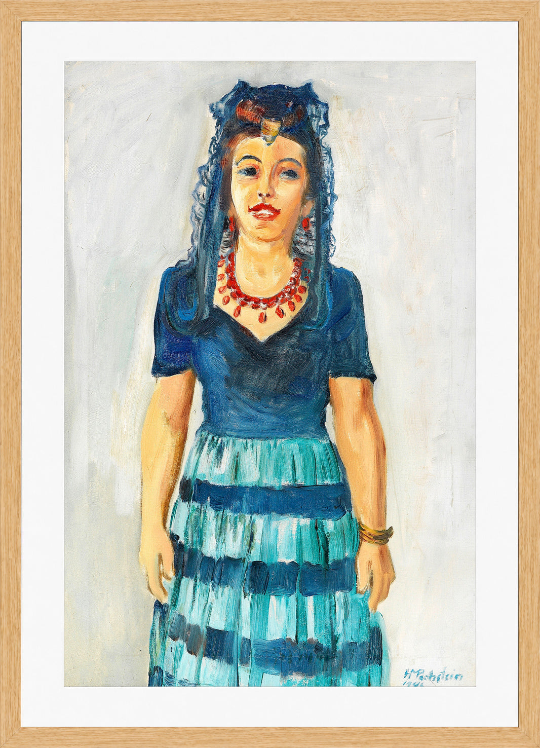 Hermann Max Pechstein Print, Portrait of Freda Wermel in Spanish Costume (1946) in a light oak frame