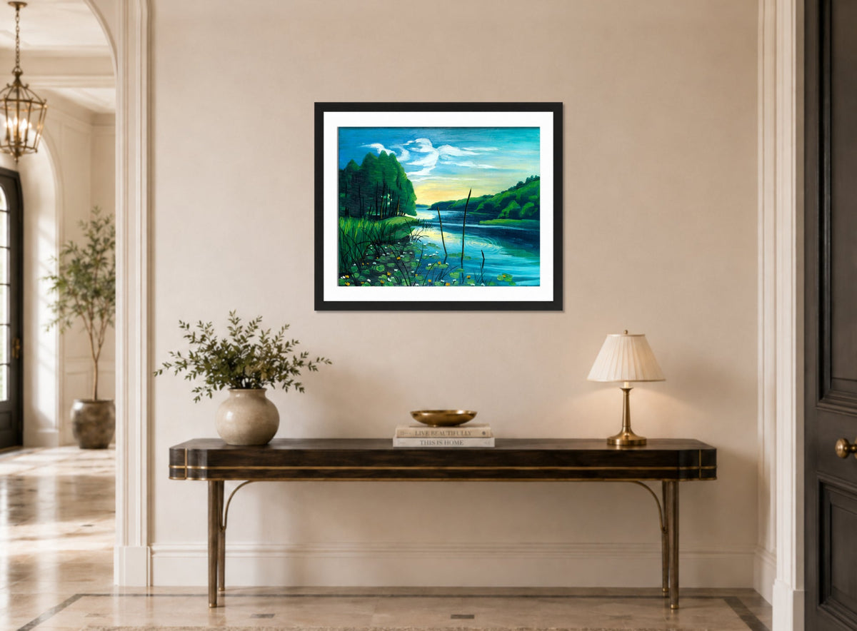 Hermann Max Pechstein Print, Quiet spot by the lake (Pomerania, Lake Koser) (1940) displayed above a console table