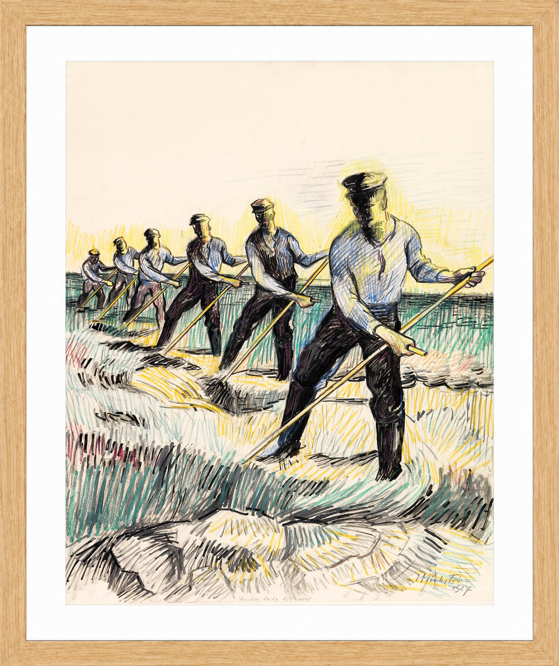 Hermann Max Pechstein Print, Reapers (1927) in a light oak frame