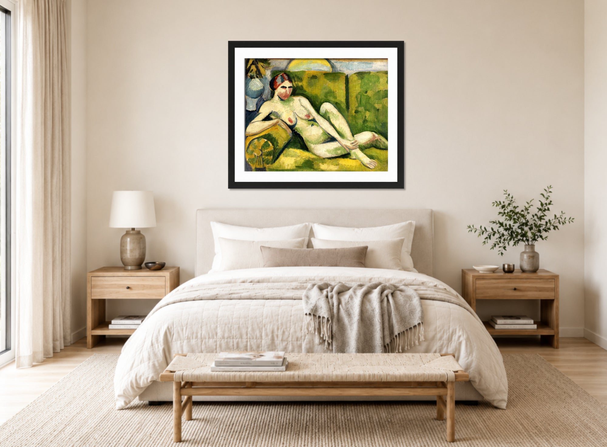 Hermann Max Pechstein Print, Reclining Nude (1913) displayed above a bed