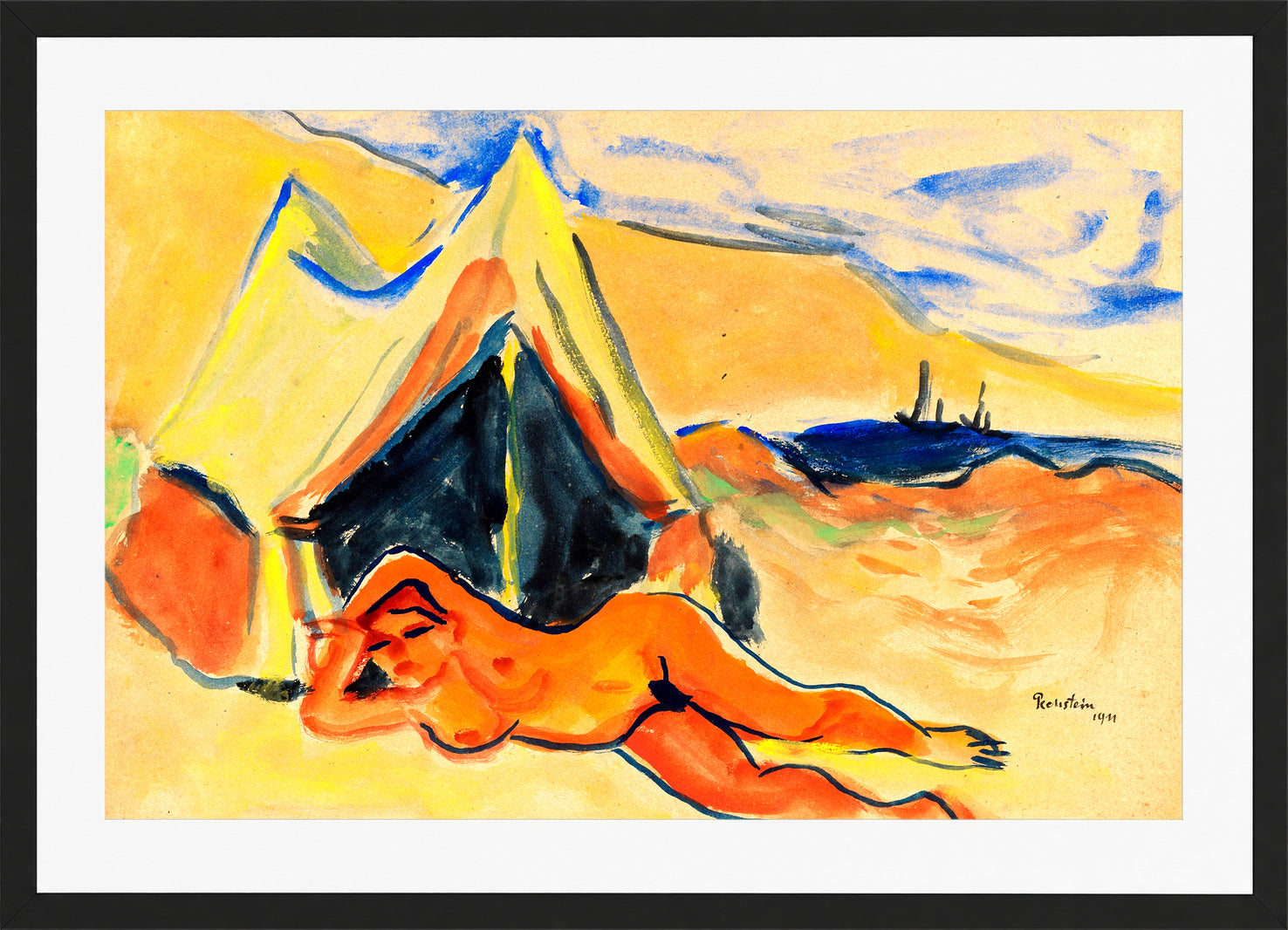 Hermann Max Pechstein Print, Reclining Nude on the Beach (1911) in a black frame