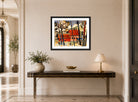 Hermann Max Pechstein Print, Red Houses, 1919 displayed above a console table