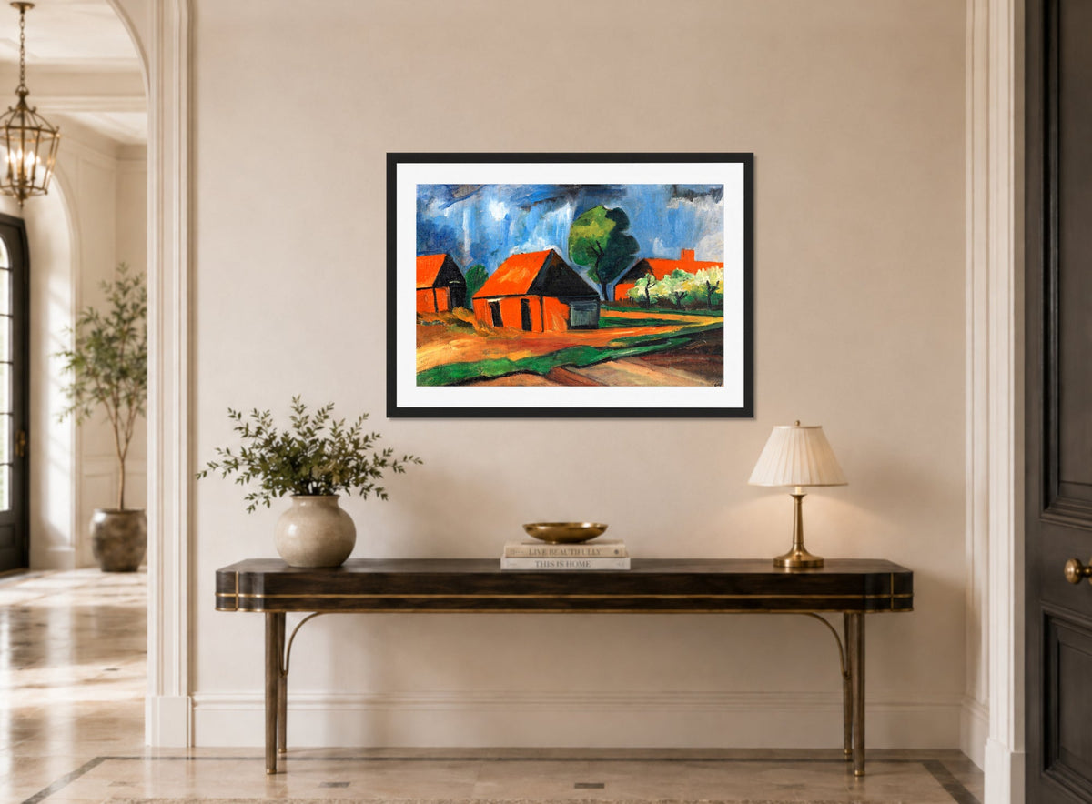 Hermann Max Pechstein Print, Red Houses (1922) displayed above a console table