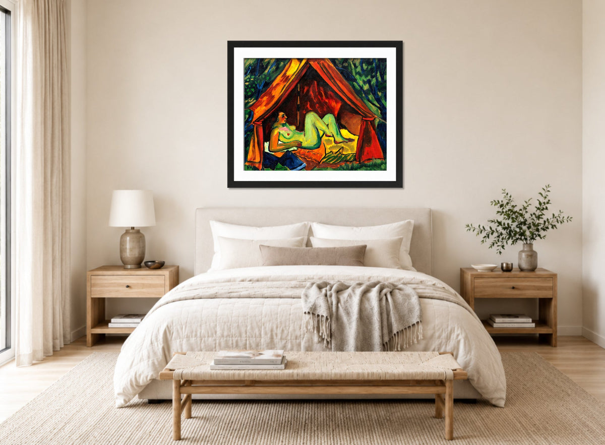 Hermann Max Pechstein Print, Red Tent with Female Nude – Danae (1911) displayed above a bed