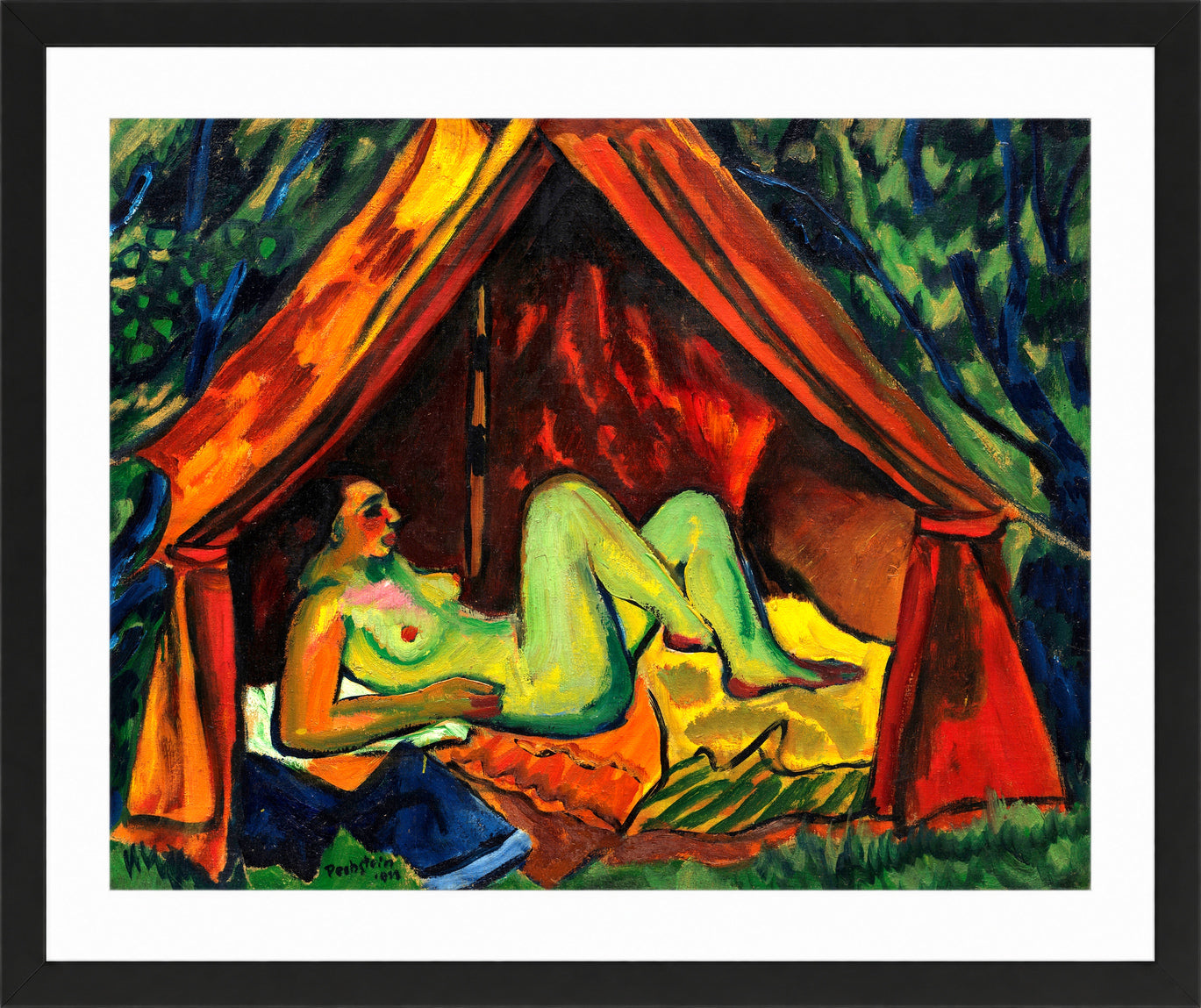 Hermann Max Pechstein Print, Red Tent with Female Nude – Danae (1911) in a black frame
