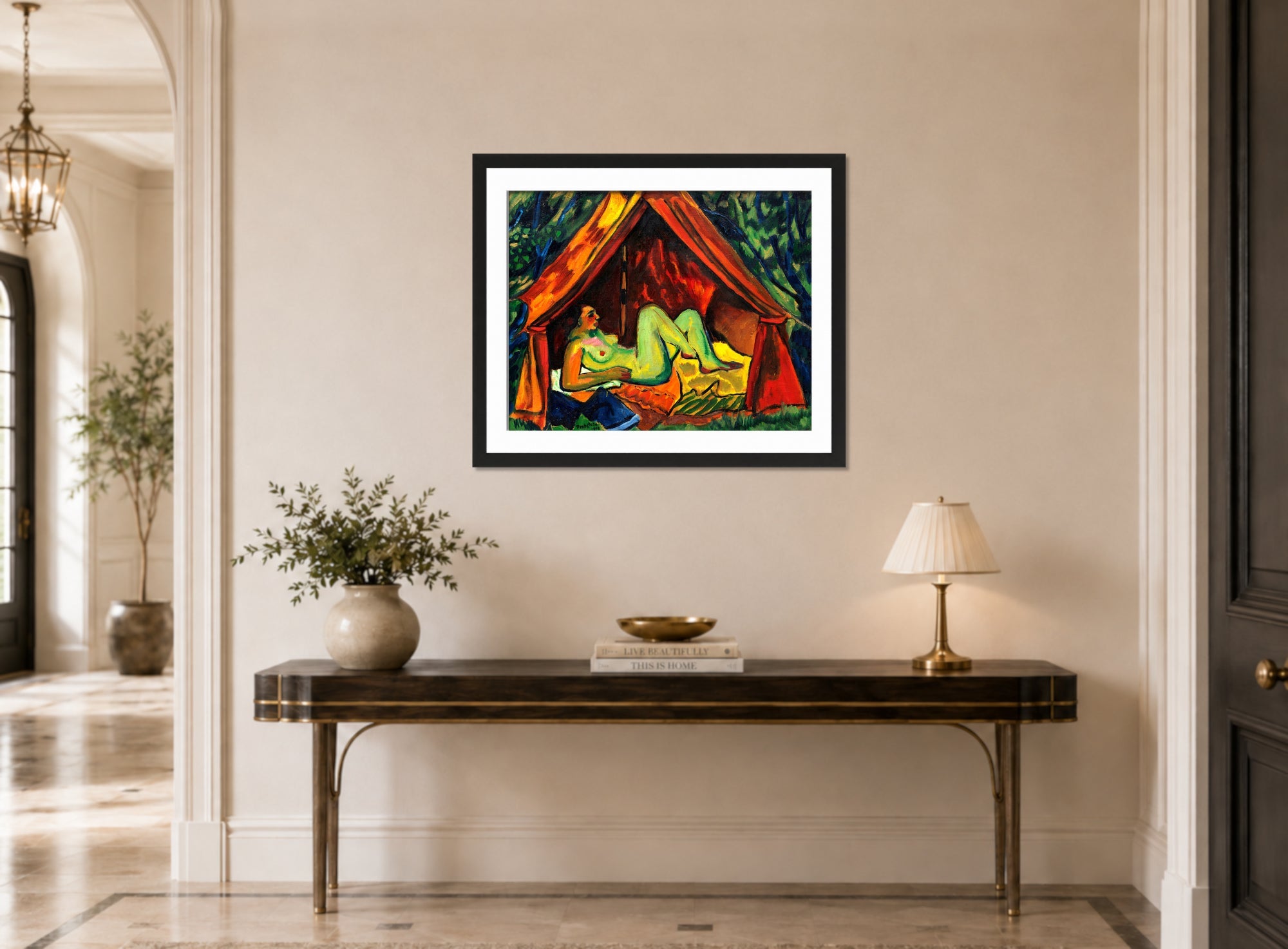 Hermann Max Pechstein Print, Red Tent with Female Nude – Danae (1911) displayed above a console table