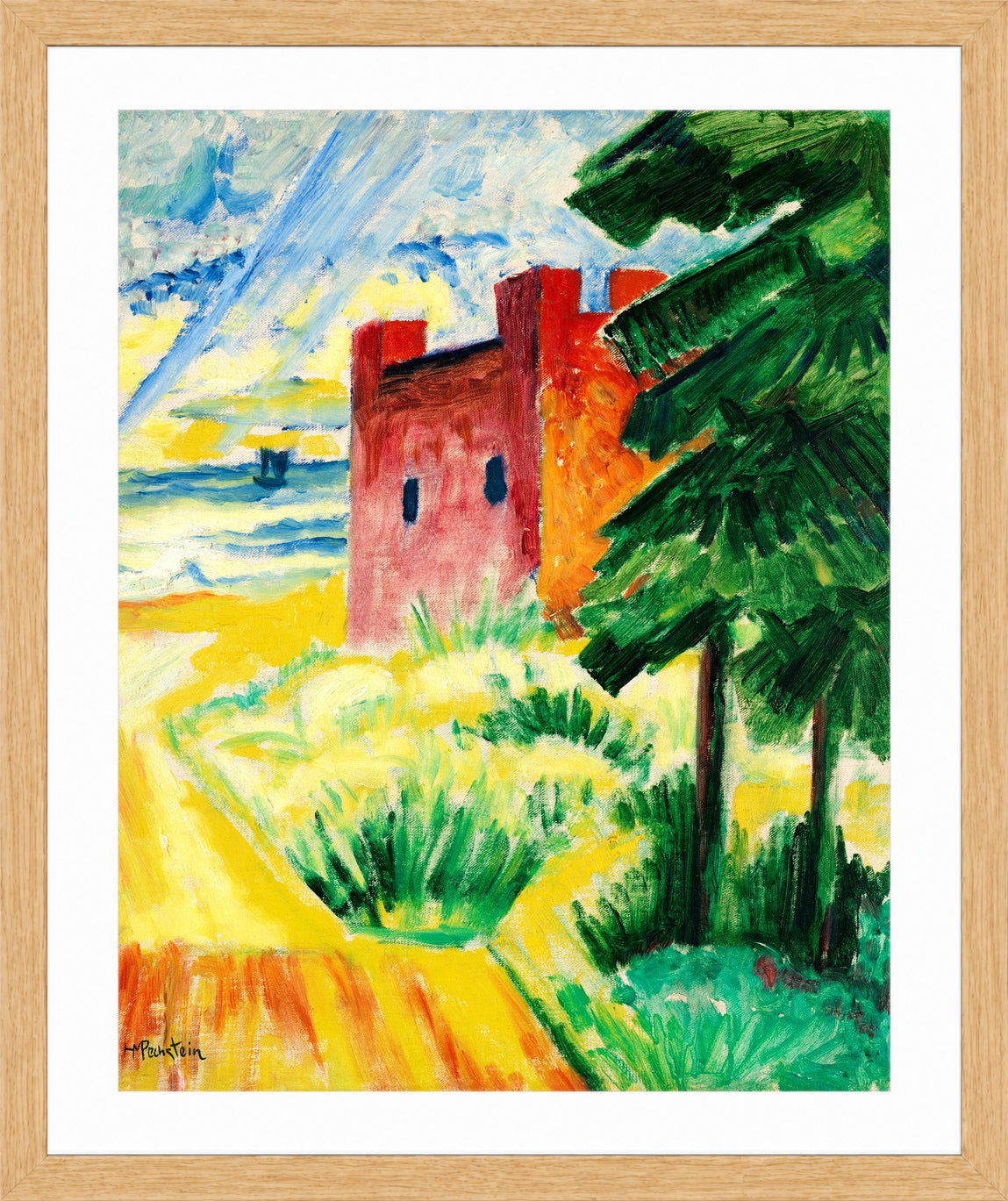 Hermann Max Pechstein Print, Rettungshaus in den Dünen (1920) in a light oak frame
