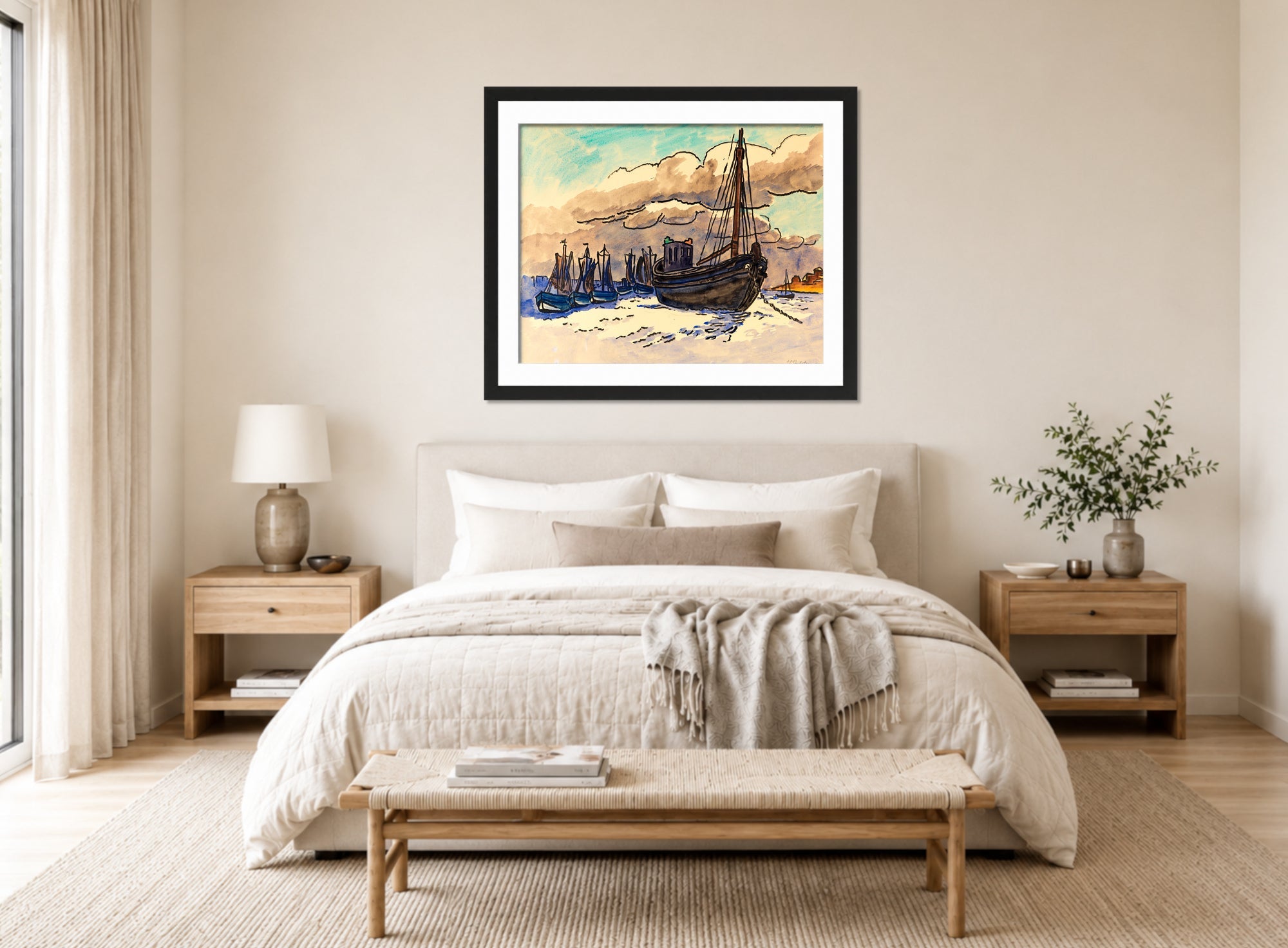 Hermann Max Pechstein Print, Rising tide (1953) displayed above a bed