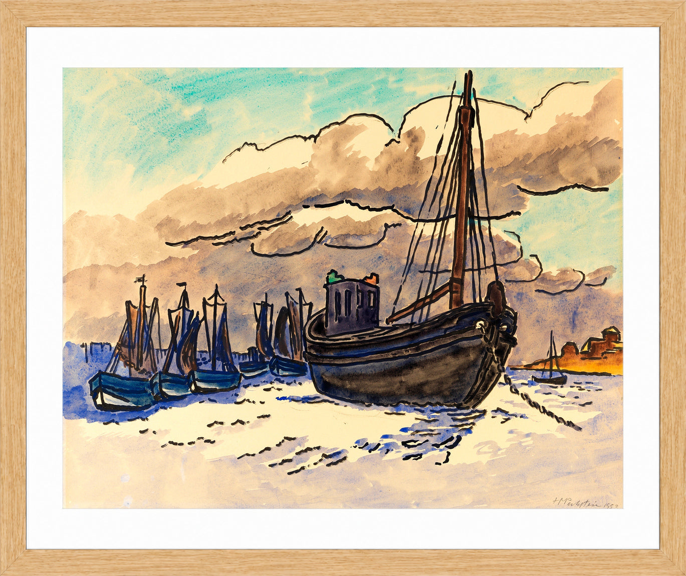Hermann Max Pechstein Print, Rising tide (1953) in a light oak frame