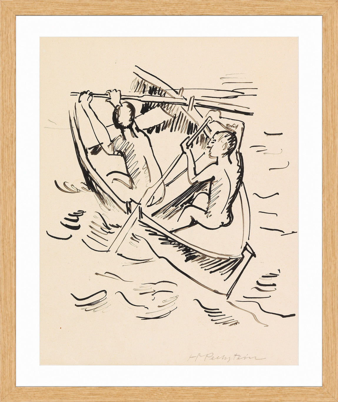Hermann Max Pechstein Print, Rowers (1914) in a light oak frame