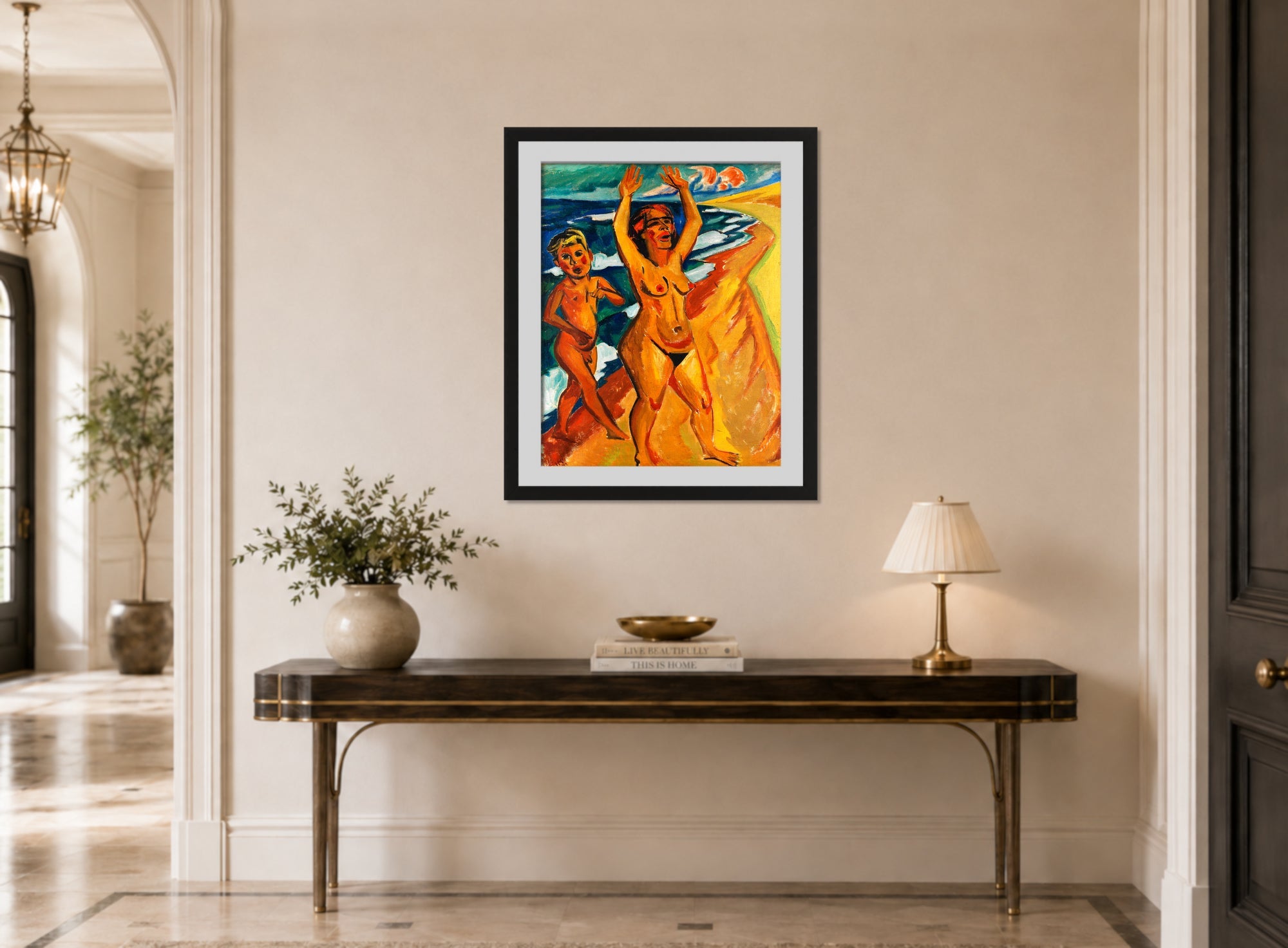 Hermann Max Pechstein Print, Schrei am Meer (1919) displayed above a console table