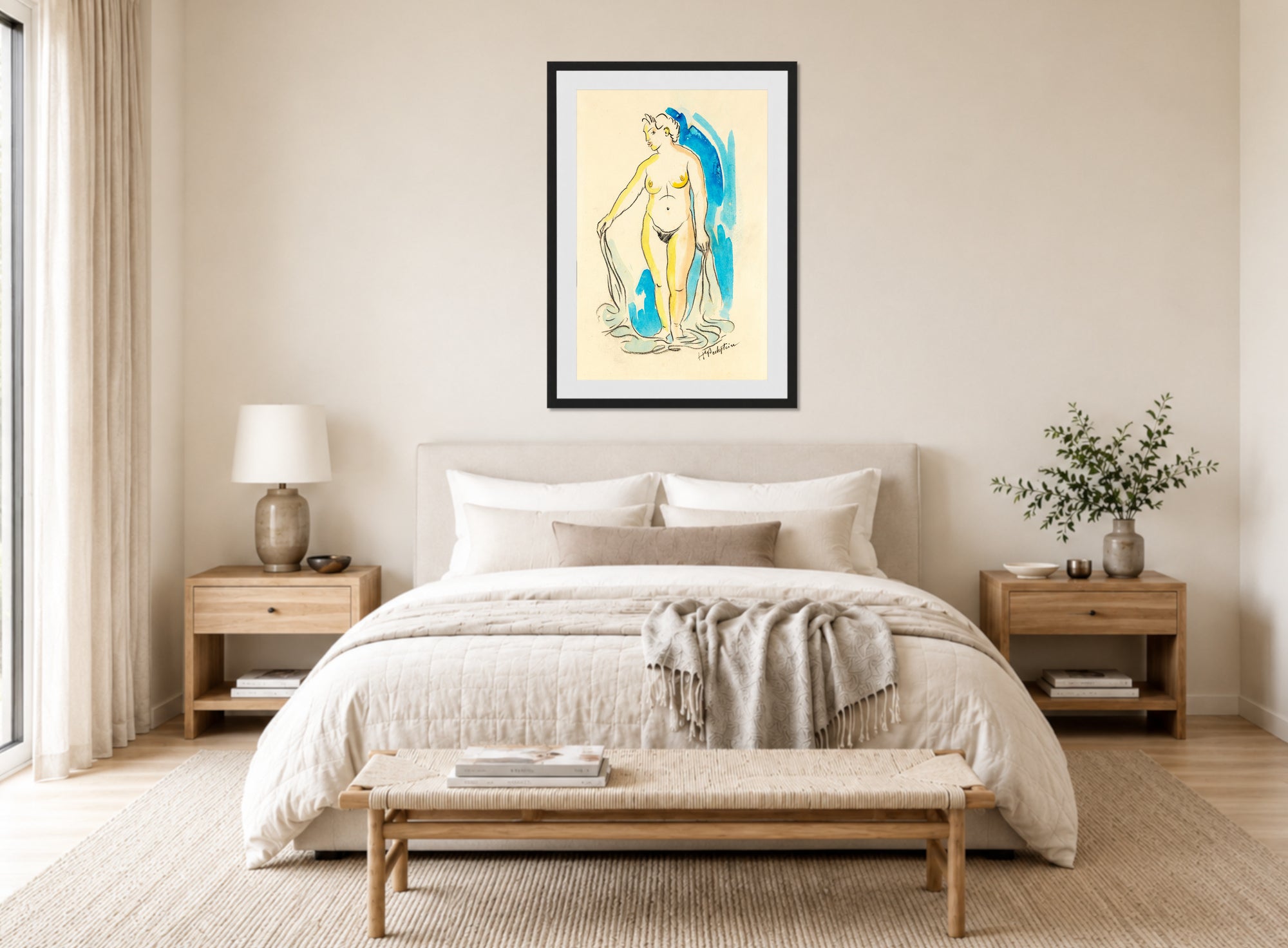 Hermann Max Pechstein Print, Standing female nude (nymph) (1930) displayed above a bed