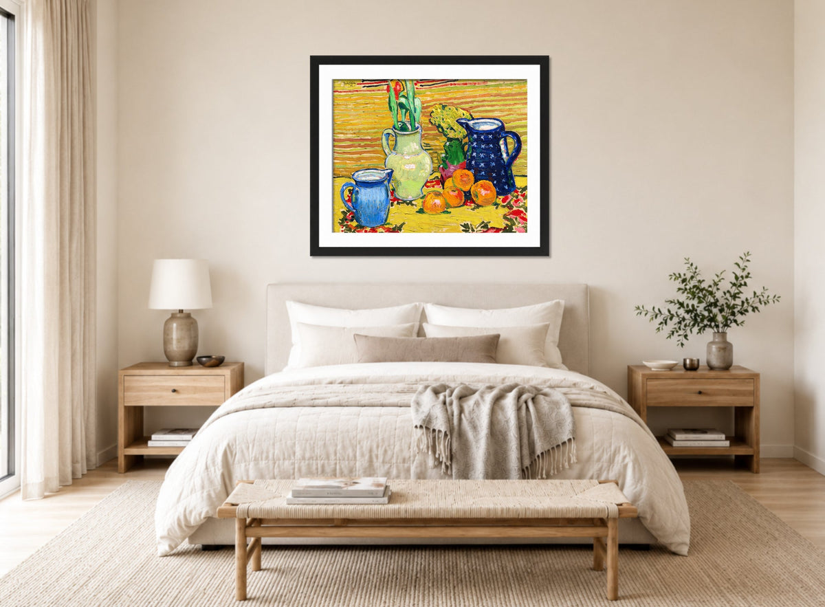 Hermann Max Pechstein Print, Still Life with Oranges (1909) displayed above a bed