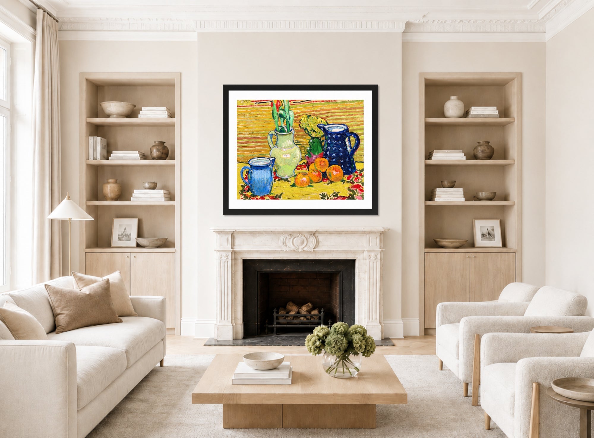 Hermann Max Pechstein Print, Still Life with Oranges (1909) displayed in a living room