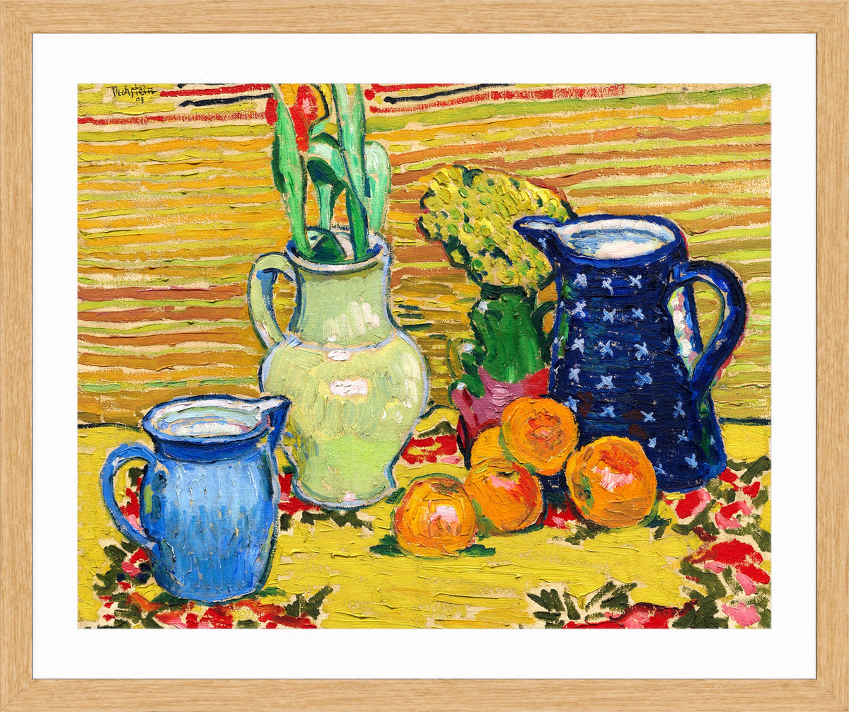 Hermann Max Pechstein Print, Still Life with Oranges (1909) in a light oak frame