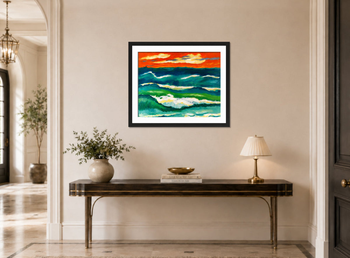 Hermann Max Pechstein Print, Stormy Sea in the Evening (1953) displayed above a console table