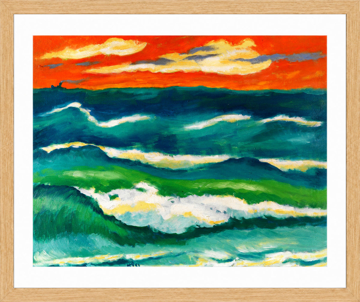 Hermann Max Pechstein Print, Stormy Sea in the Evening (1953) in a light oak frame