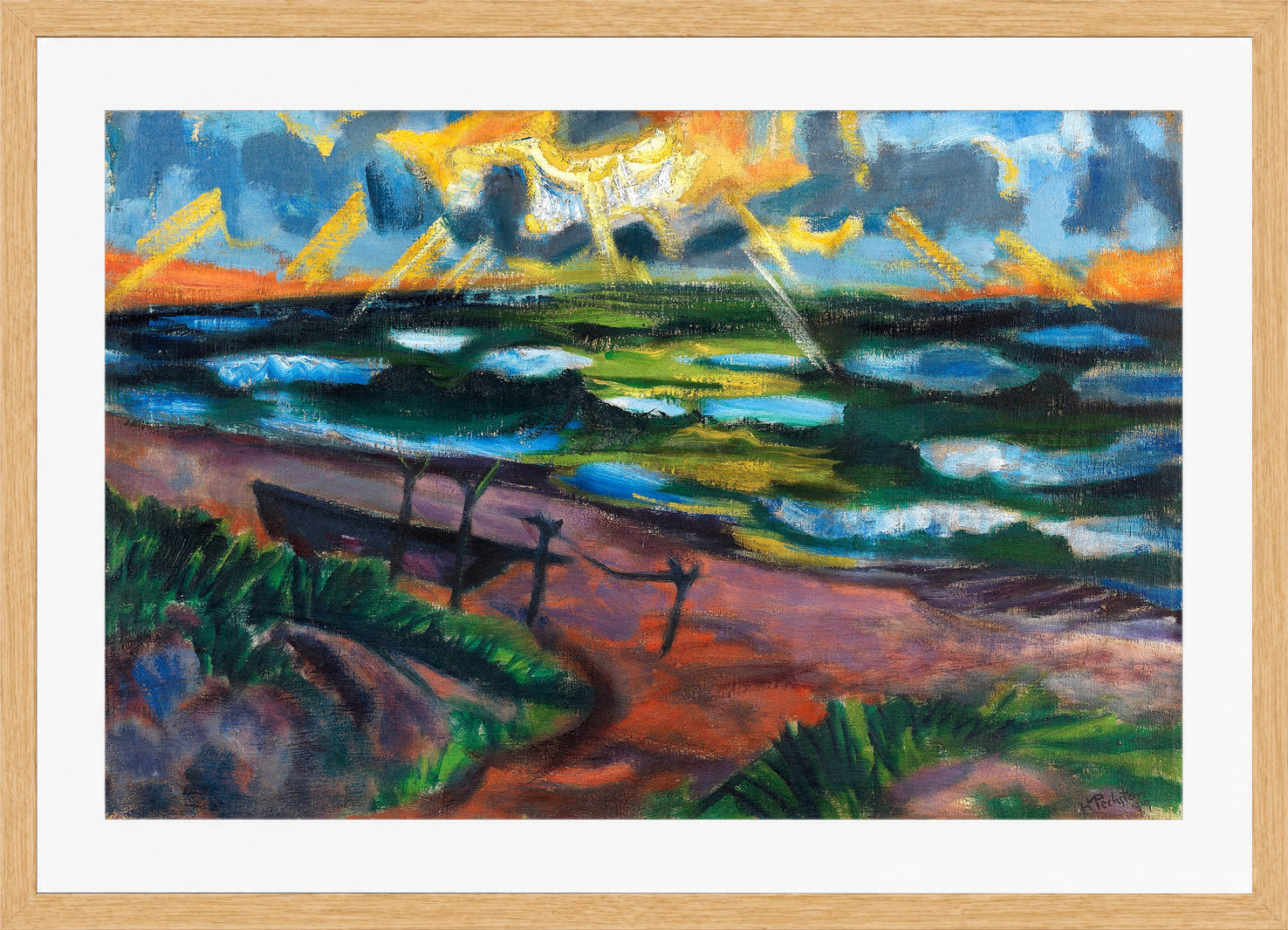 Hermann Max Pechstein Print, Stormy weather on the Baltic Sea (sunlit waves) (1919) in a light oak frame