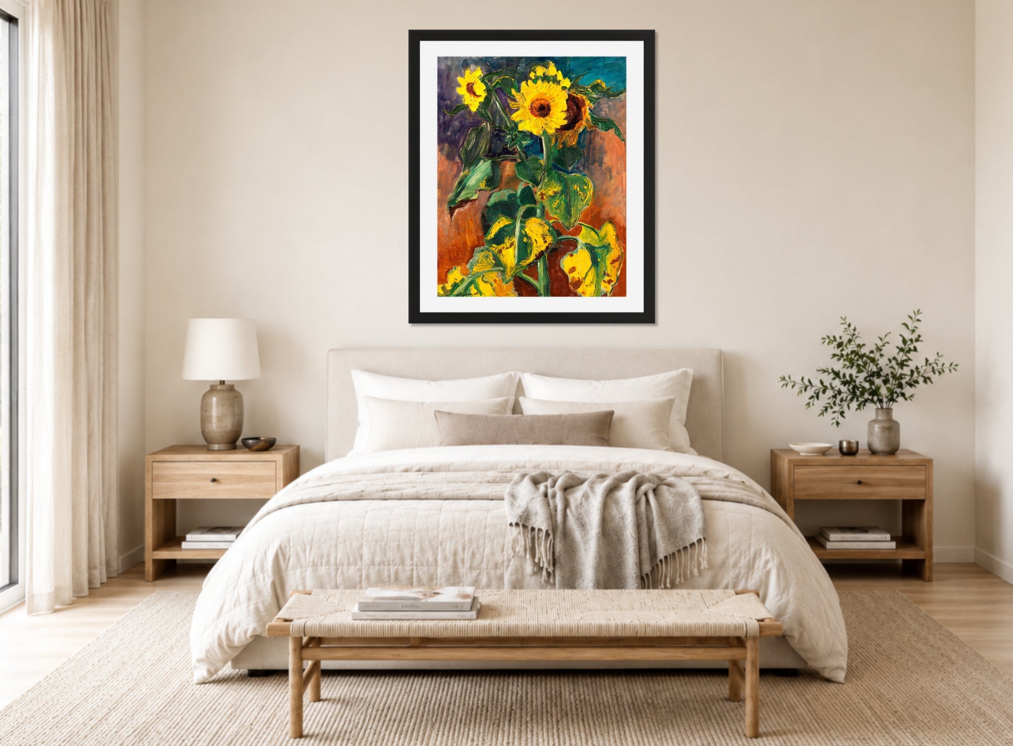 Hermann Max Pechstein Print, Sunflowers (1948) displayed above a bed