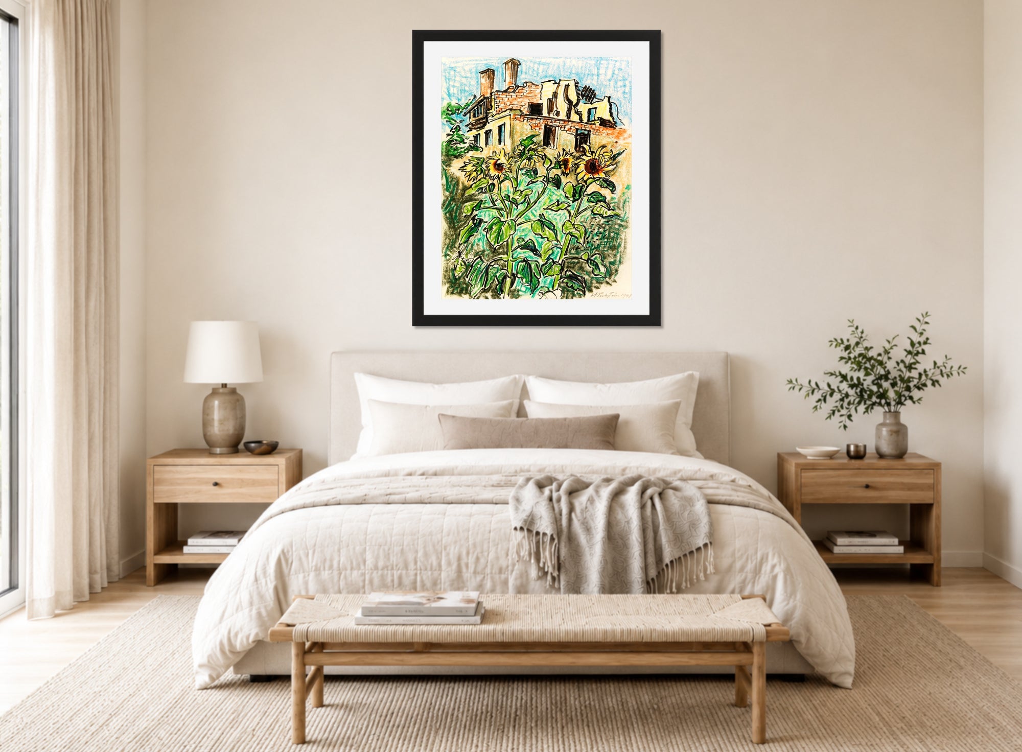 Hermann Max Pechstein Print, Sunflowers in the Garden (1948) displayed above a bed
