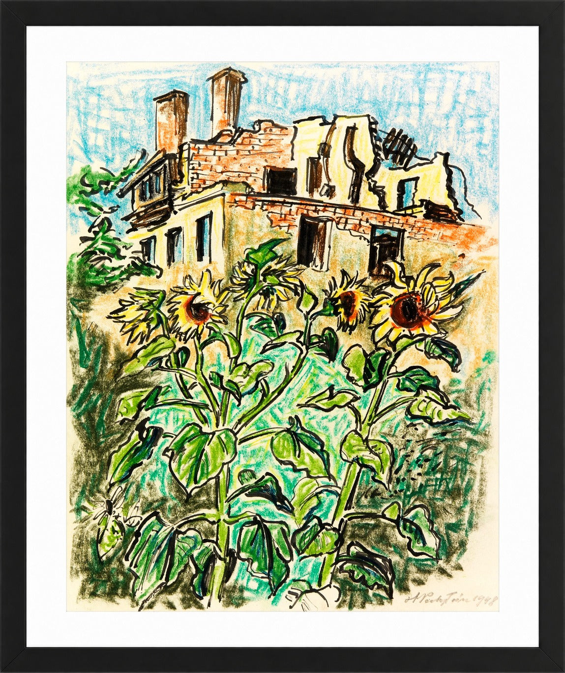 Hermann Max Pechstein Print, Sunflowers in the Garden (1948) in a black frame