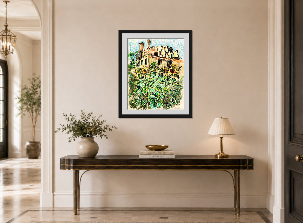 Hermann Max Pechstein Print, Sunflowers in the Garden (1948) displayed above a console table