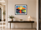 Hermann Max Pechstein Print, Sunset at the Sea (1921) displayed above a console table