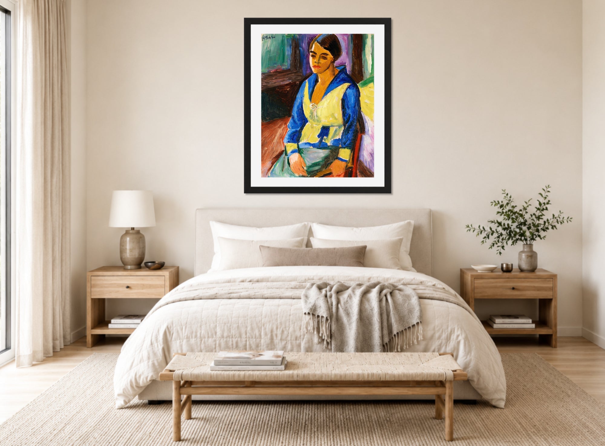 Hermann Max Pechstein Print, The Chinese Jacket (1918) displayed above a bed