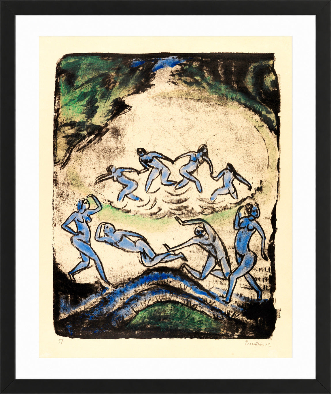 Hermann Max Pechstein Print, The Dance (Dancers and Bathers at the Forest Pond) (1912) in a black frame