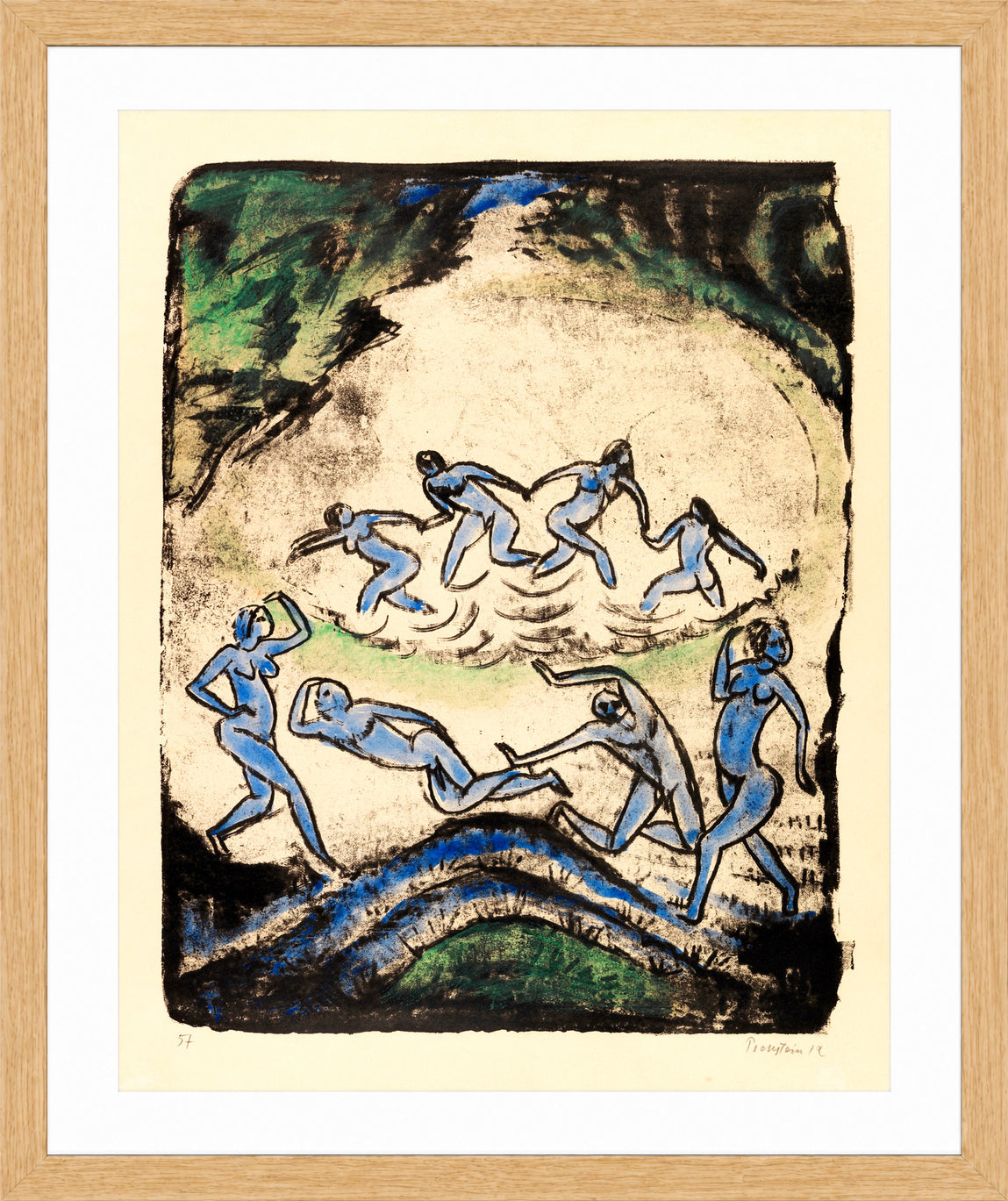 Hermann Max Pechstein Print, The Dance (Dancers and Bathers at the Forest Pond) (1912) in a light oak frame