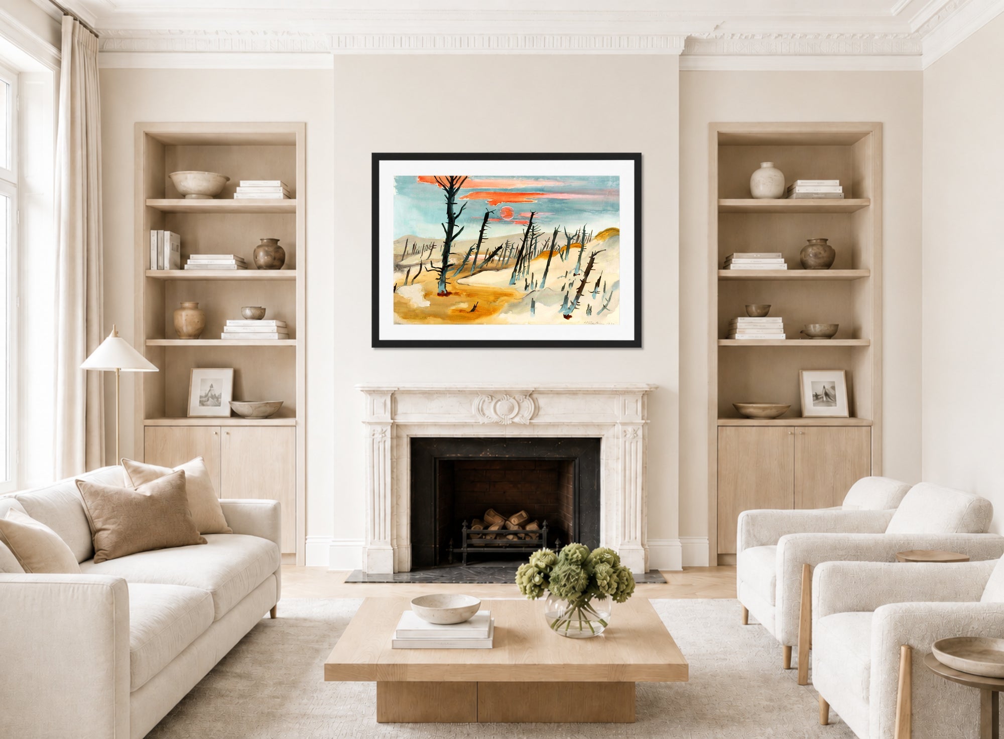 Hermann Max Pechstein Print, The Dead Forest – Lonske Dune (1934) displayed in a living room