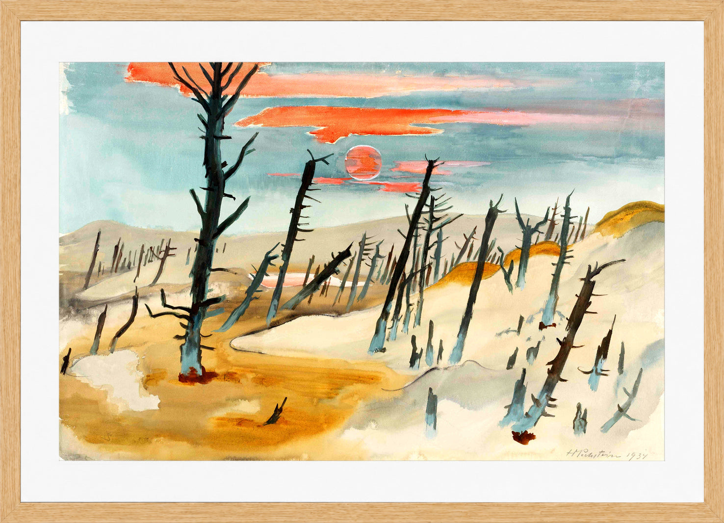 Hermann Max Pechstein Print, The Dead Forest – Lonske Dune (1934) in a light oak frame