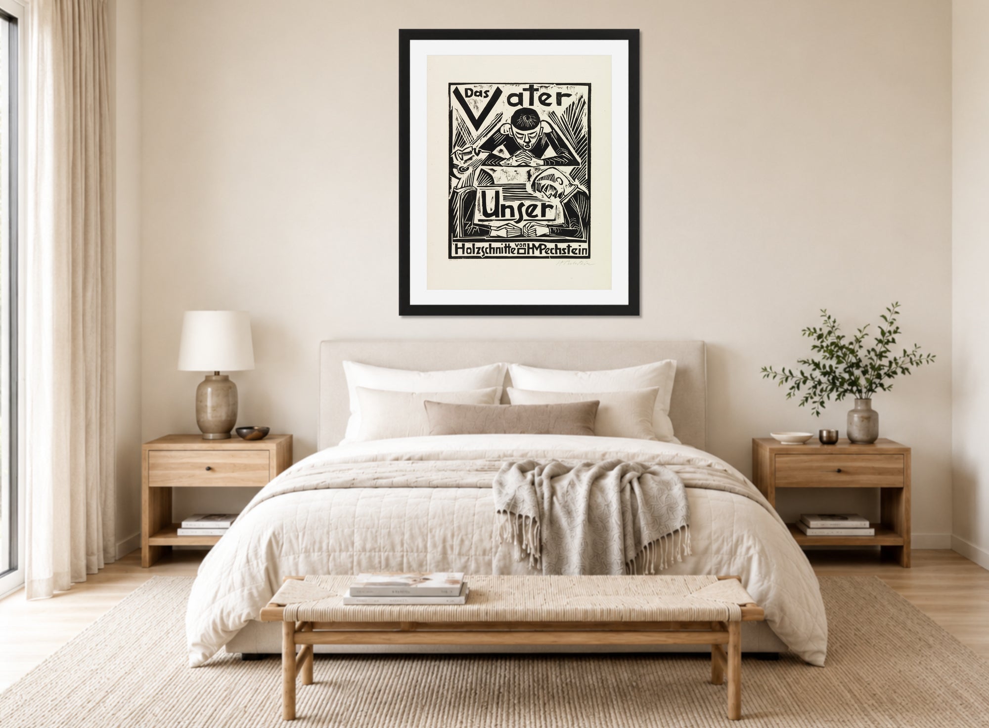 Hermann Max Pechstein Print, The Lord’s Prayer (Das Vater Unser) – Title Page (1921) displayed above a bed