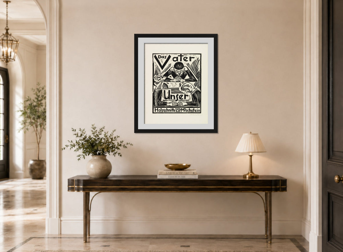 Hermann Max Pechstein Print, The Lord’s Prayer (Das Vater Unser) – Title Page (1921) displayed above a console table