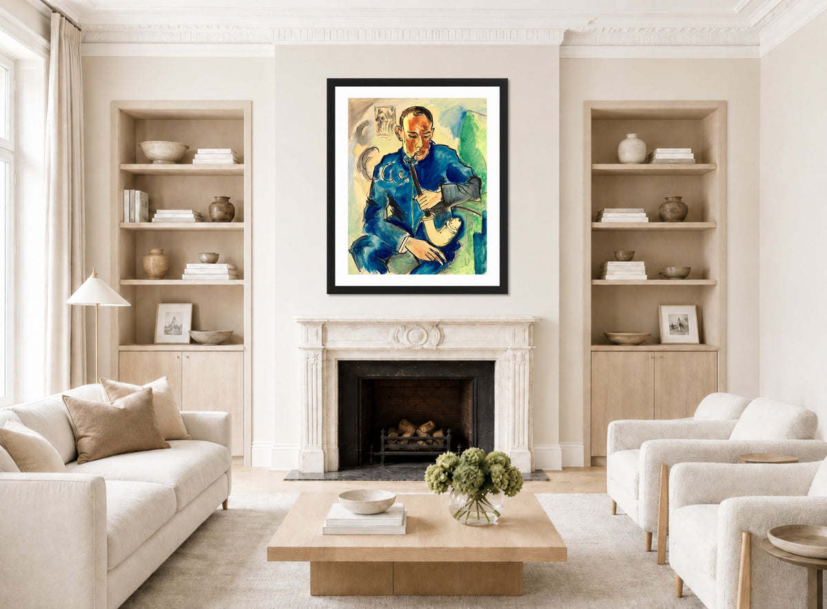 Hermann Max Pechstein Print, The Smoker – Portrait of Alfred Hess, Erfurt (1919) displayed in a living room