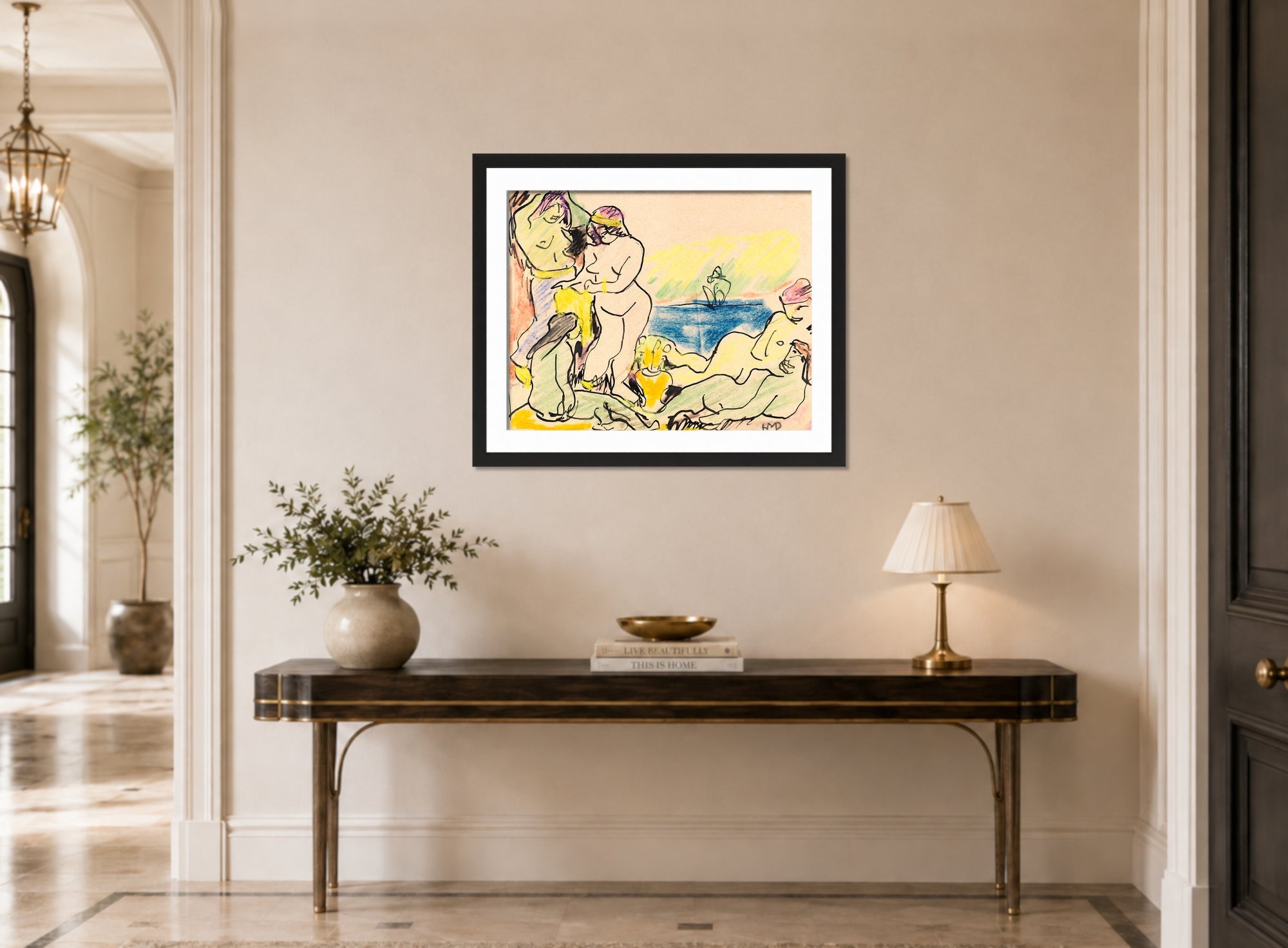 Hermann Max Pechstein Print, The Yellow Cloth (1909) displayed above a console table