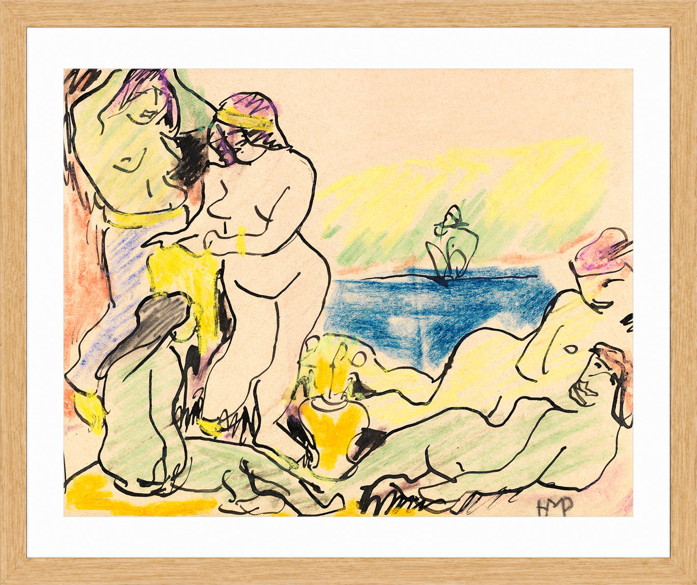 Hermann Max Pechstein Print, The Yellow Cloth (1909) in a light oak frame