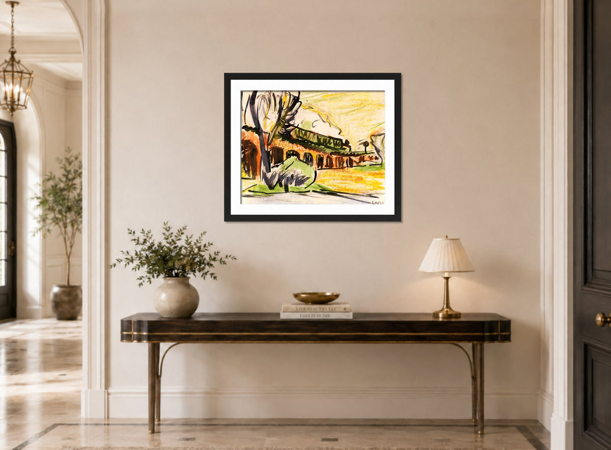 Hermann Max Pechstein Print, Train on viaduct (1913) displayed above a console table
