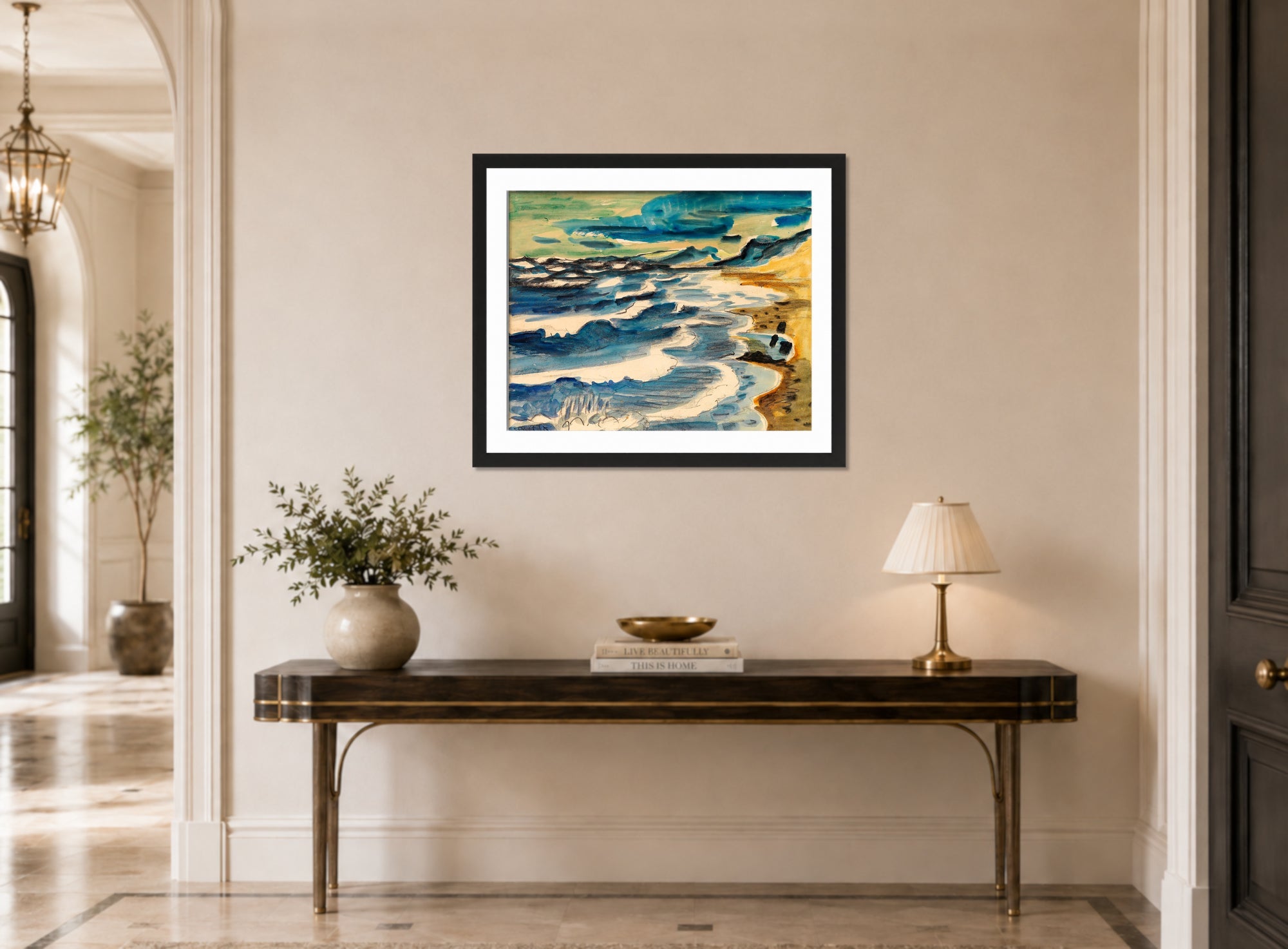Hermann Max Pechstein Print, Turbulent Sea (1923) displayed above a console table