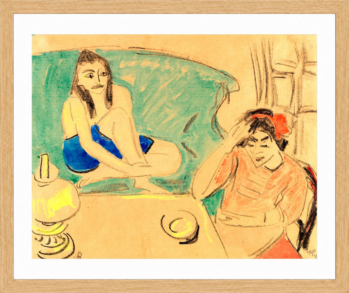 Hermann Max Pechstein Print, Two Girls at the Table (1910) in a light oak frame