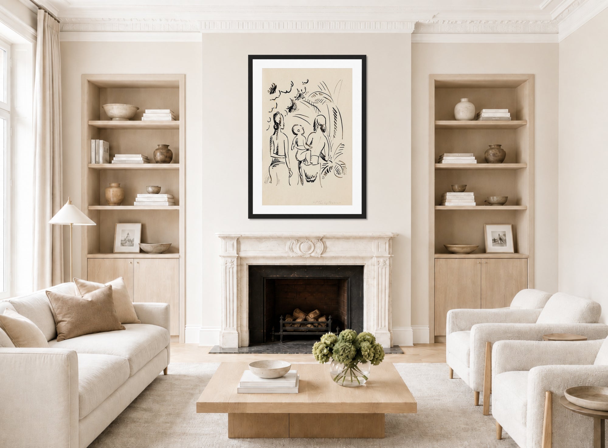 Hermann Max Pechstein Print, Two island women with a child (1914) displayed in a living room