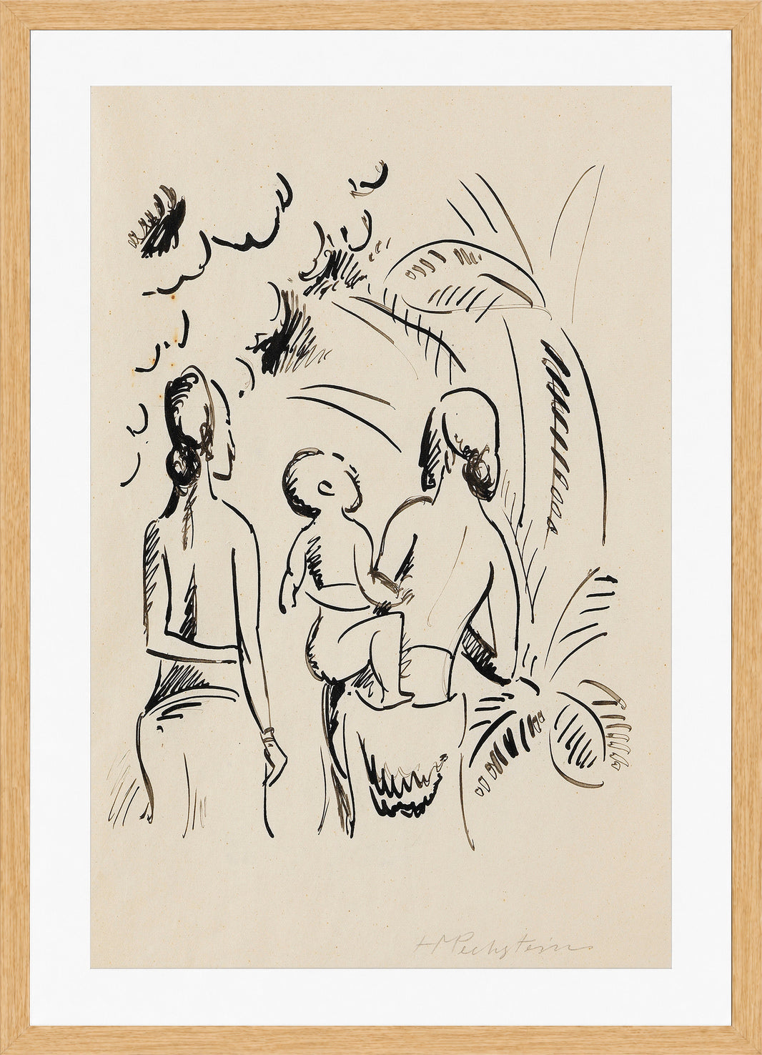 Hermann Max Pechstein Print, Two island women with a child (1914) in a light oak frame