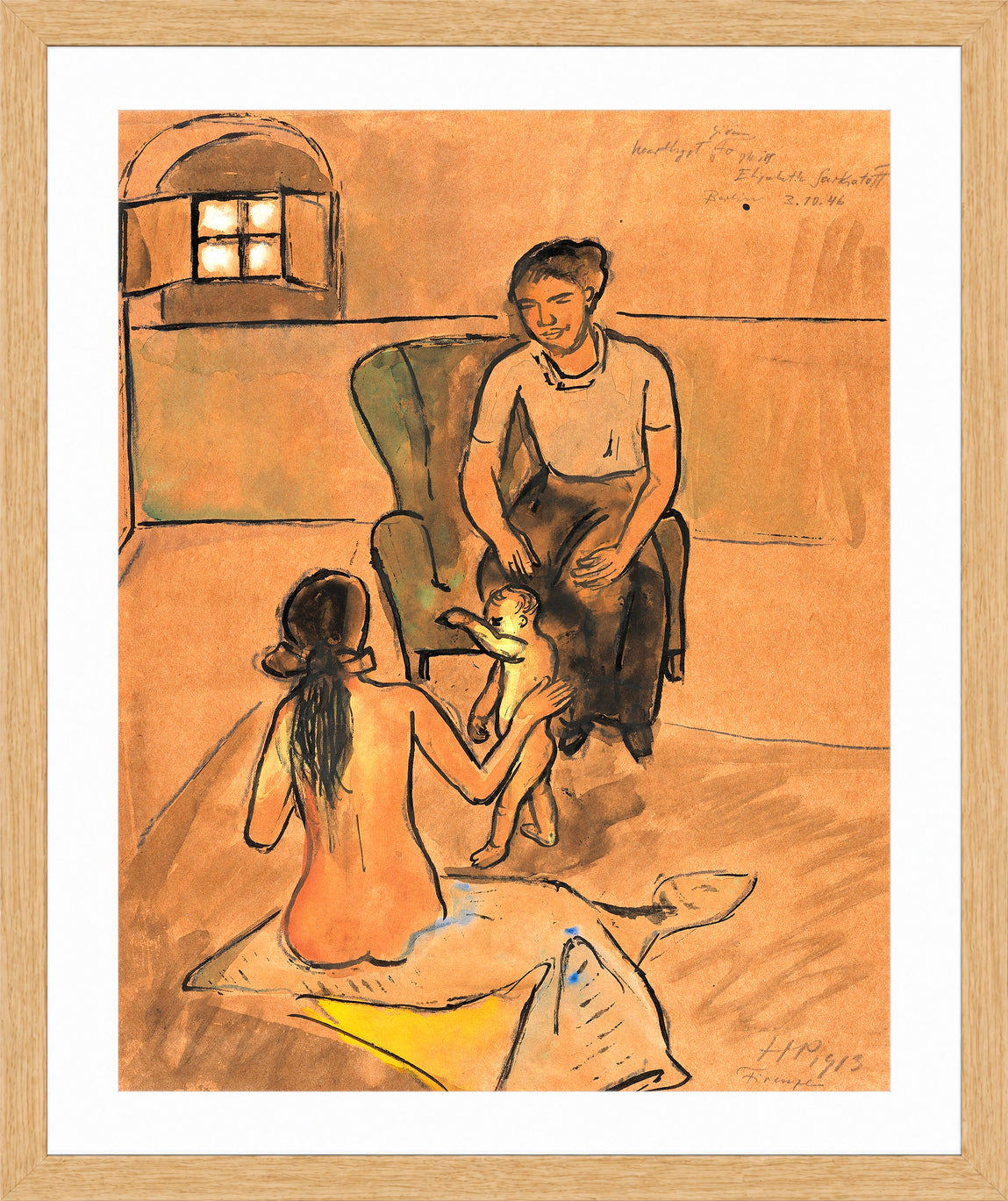 Hermann Max Pechstein Print, Two Women and a Toddler (Florence) (1913) in a light oak frame
