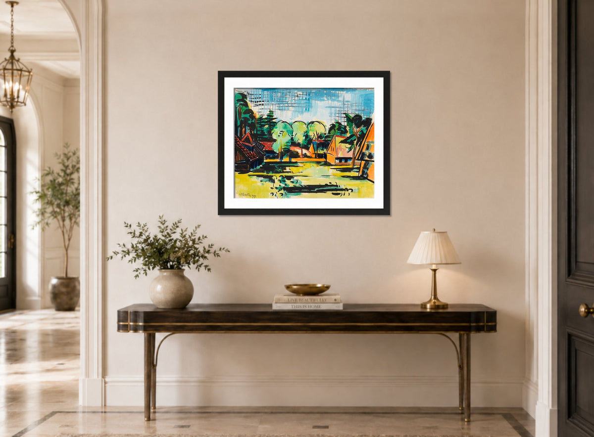 Hermann Max Pechstein Print, Village (1919) displayed above a console table