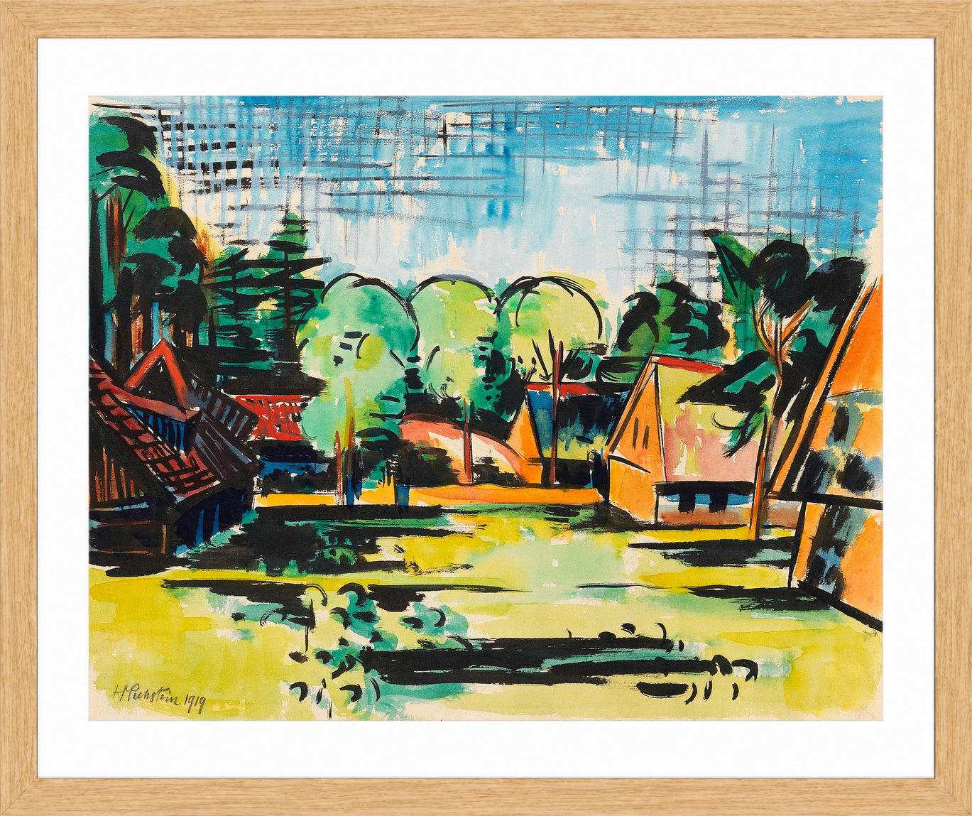 Hermann Max Pechstein Print, Village (1919) in a light oak frame