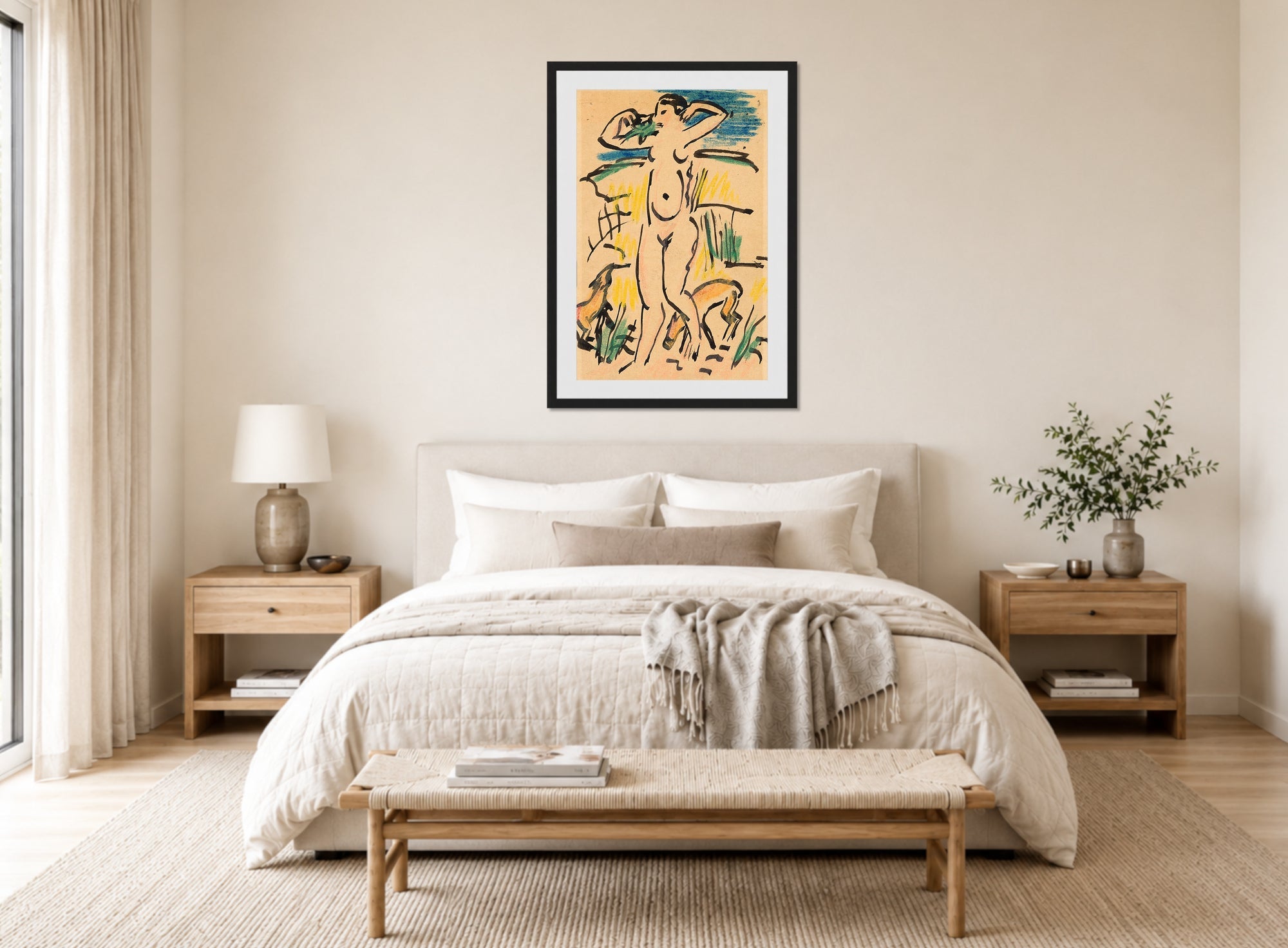 Hermann Max Pechstein Print, Weiblicher Akt mit (Katze und) Tieren (1912) displayed above a bed